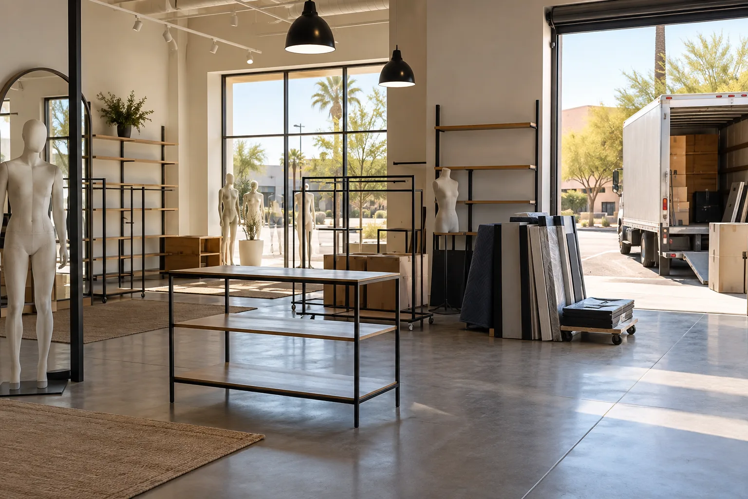 Illustrative retail space with display fixtures staged near an open loading door