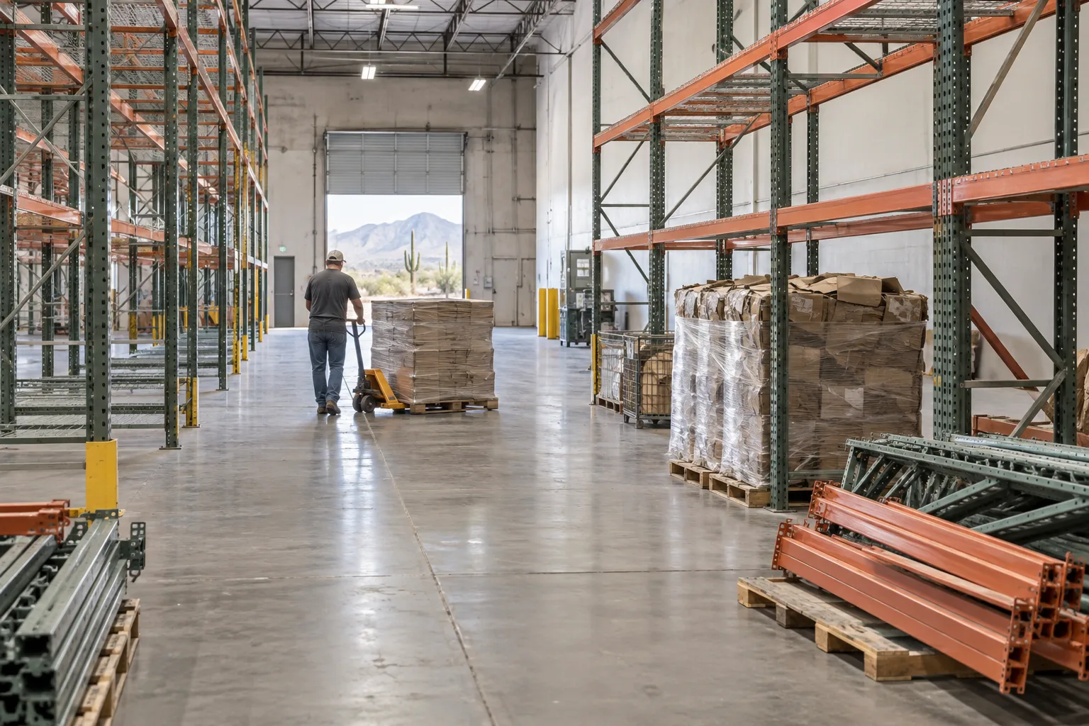 Illustrative warehouse cleanout with clear aisles, palletized cardboard, and shelving components